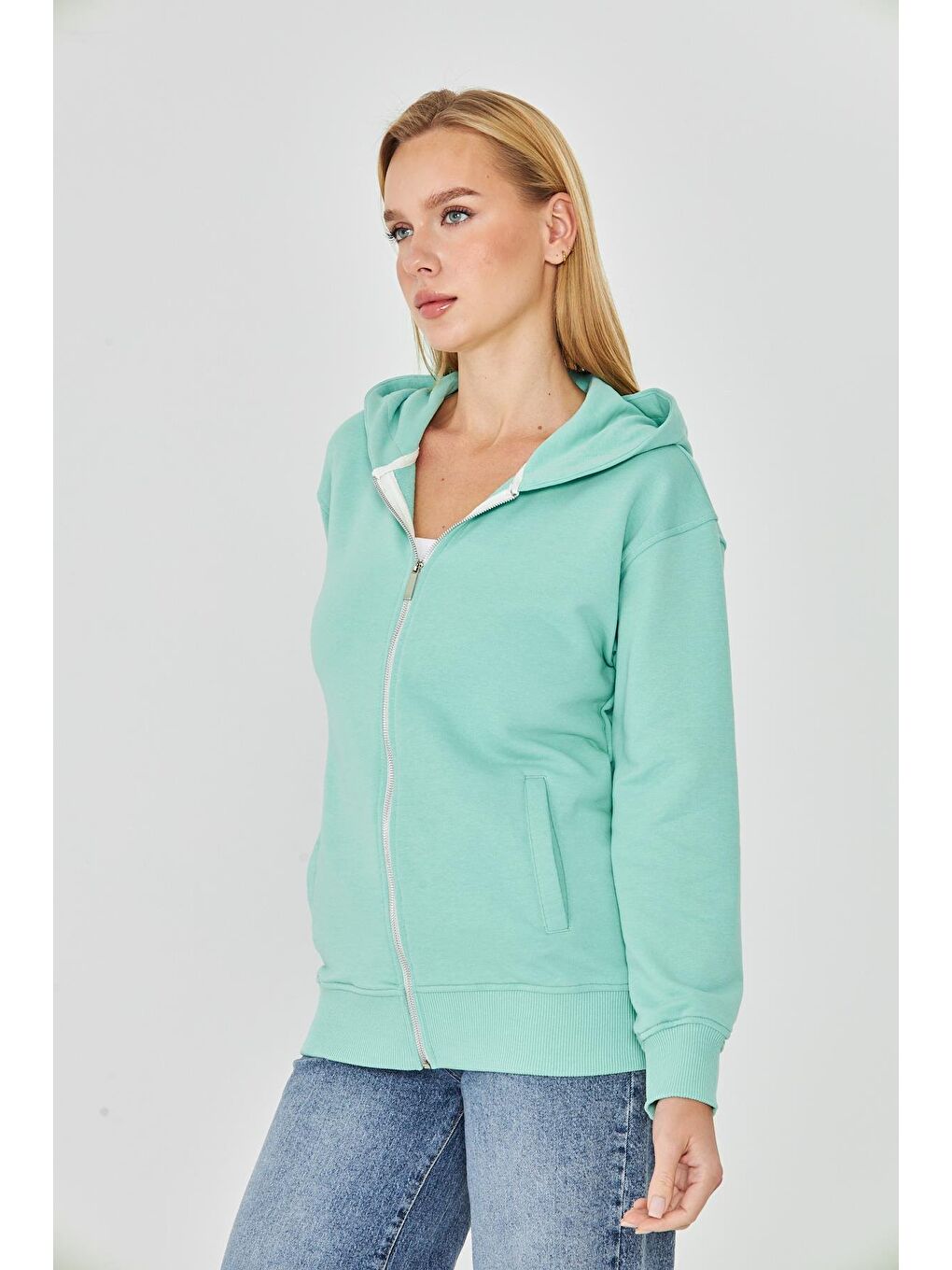 Yeşil Kadın Tam Fermuarlı Kapüşonlu Pamuklu Eşofman Üstü Mint 9508-M-3