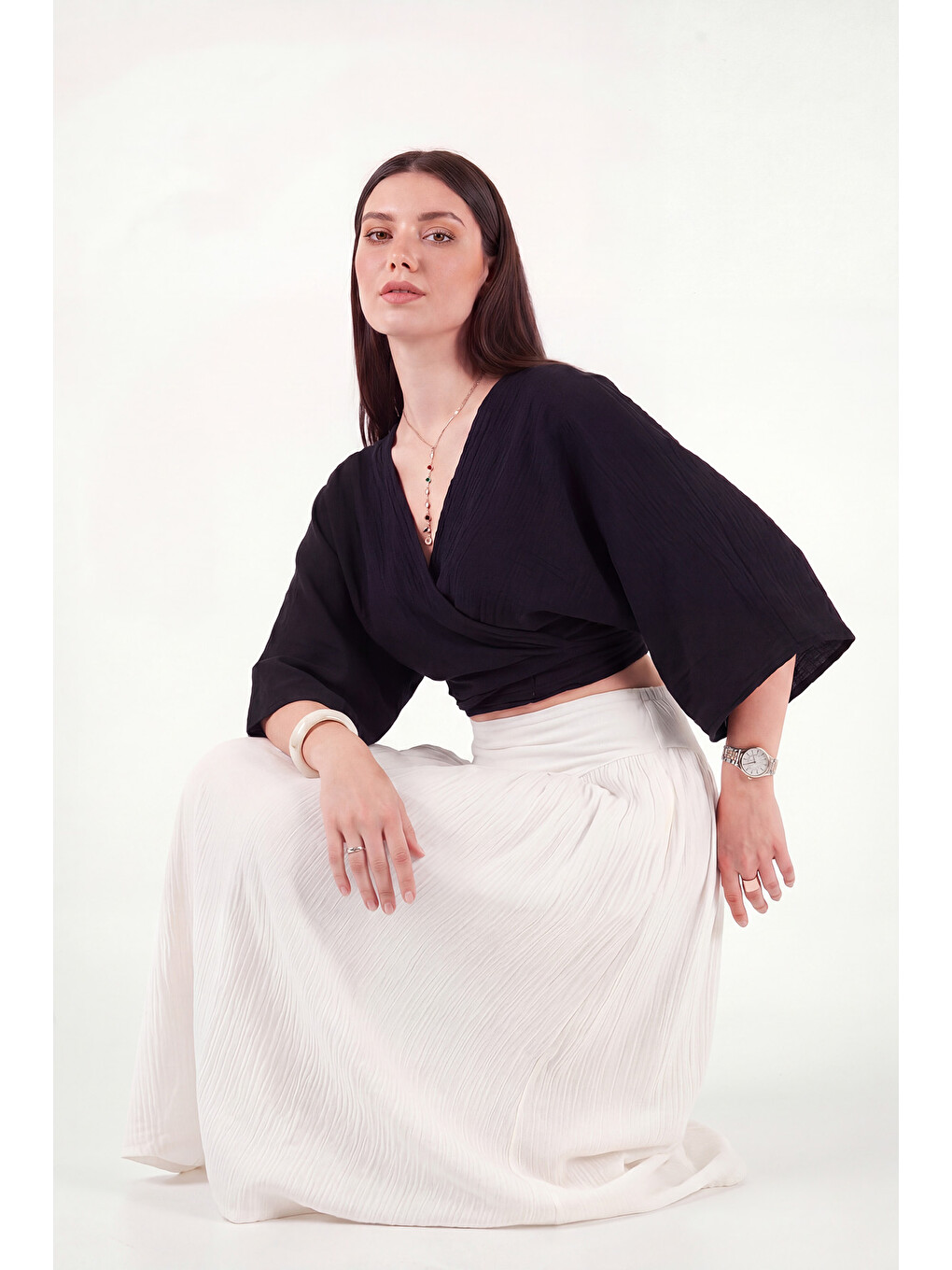 Siyah Regular Fit Bağlamalı Crop Kimono 668YL2783-4