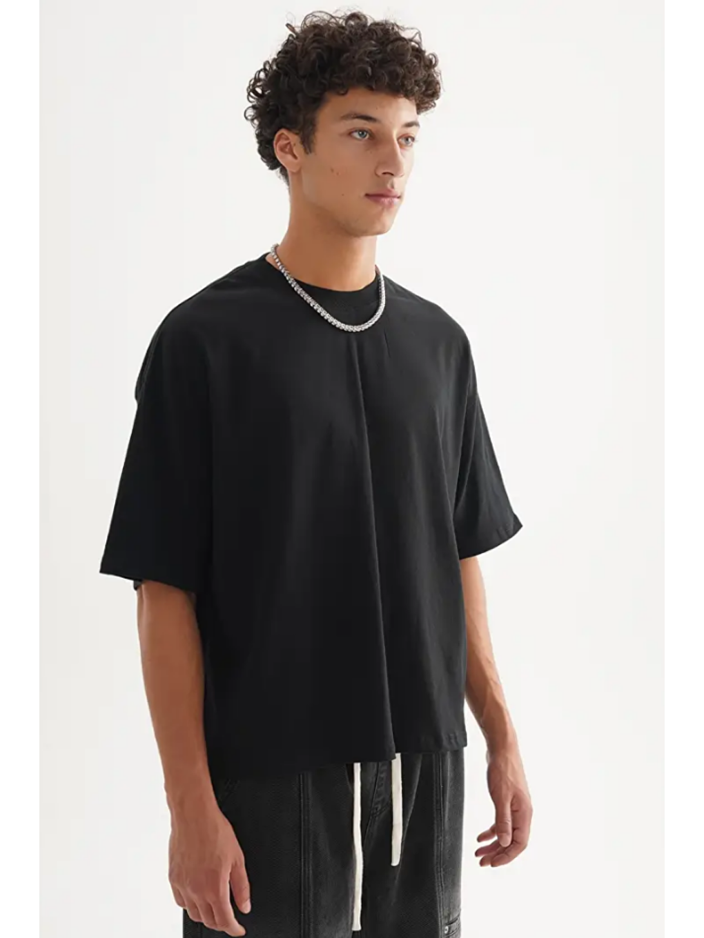 Siyah Erkek Oversize Bisiklet Yaka %100 Pamuk Tişört-4