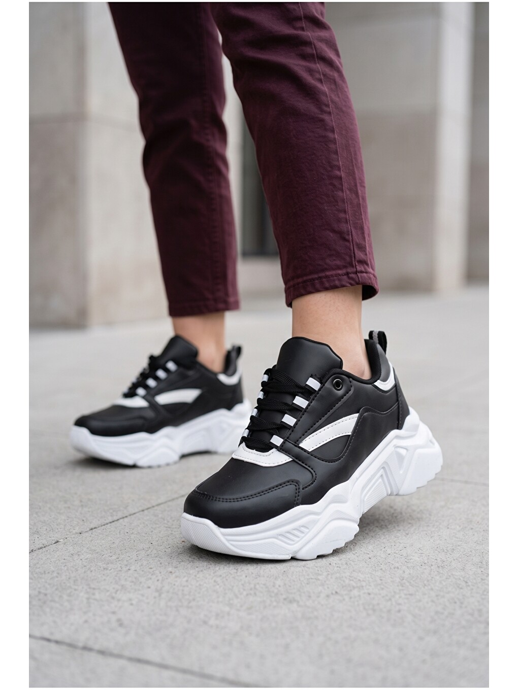 Siyah Kadın, Kalın Tabanlı, Bağcıklı, Hafif, Günlük Spor Ayakkabı, Sneaker-4