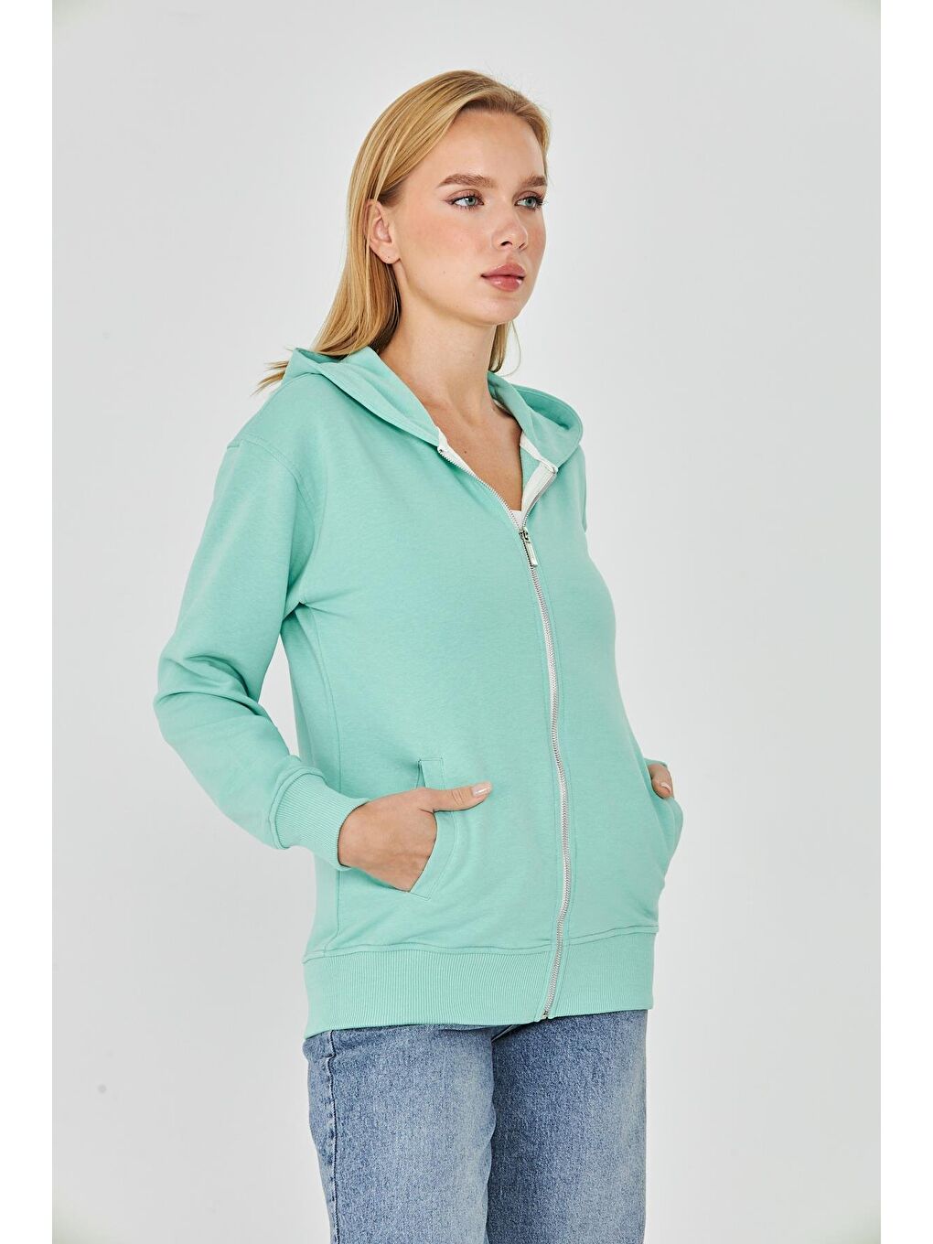 Yeşil Kadın Tam Fermuarlı Kapüşonlu Pamuklu Eşofman Üstü Mint 9508-M-4