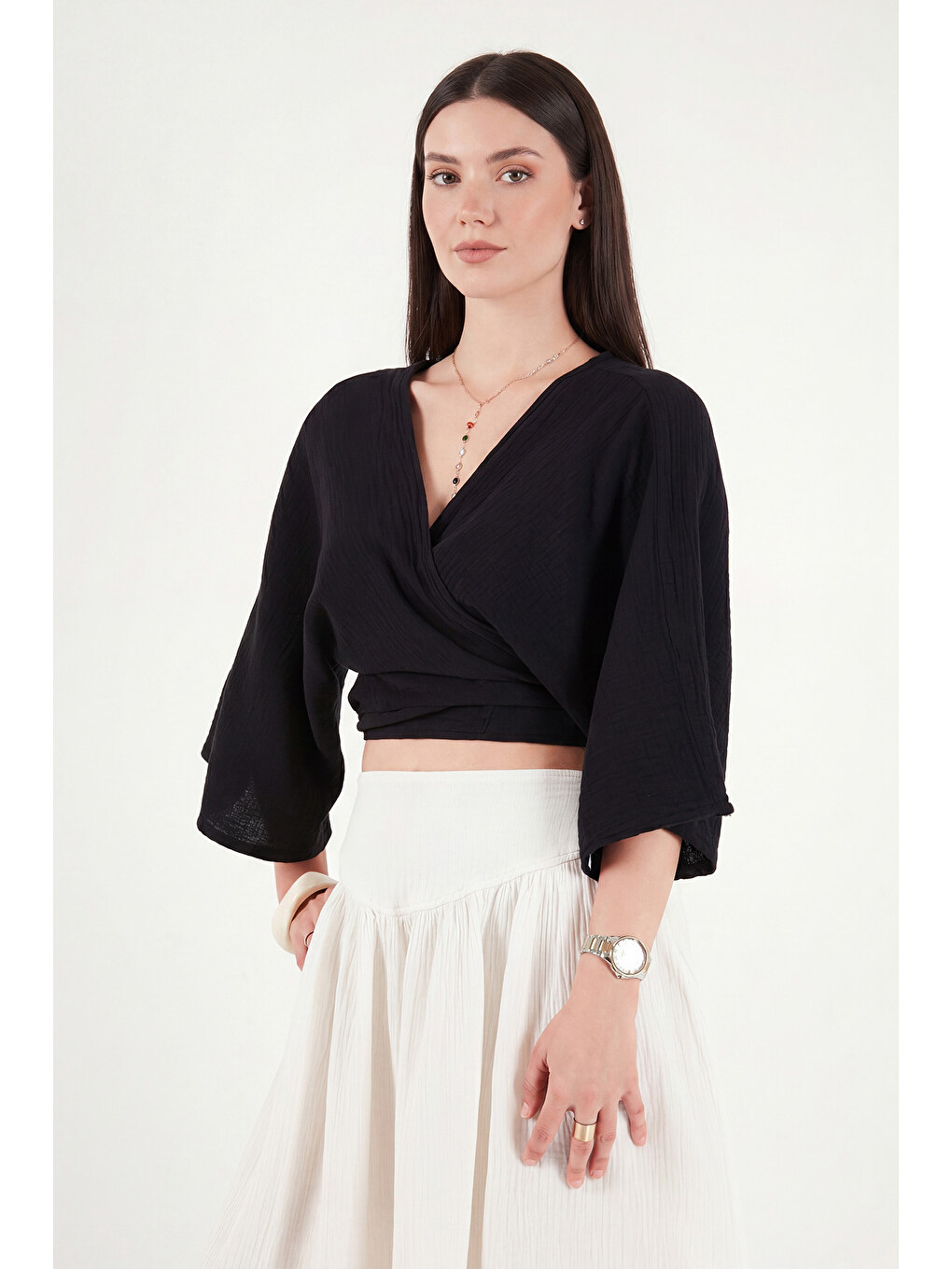 Siyah Regular Fit Bağlamalı Crop Kimono 668YL2783-5