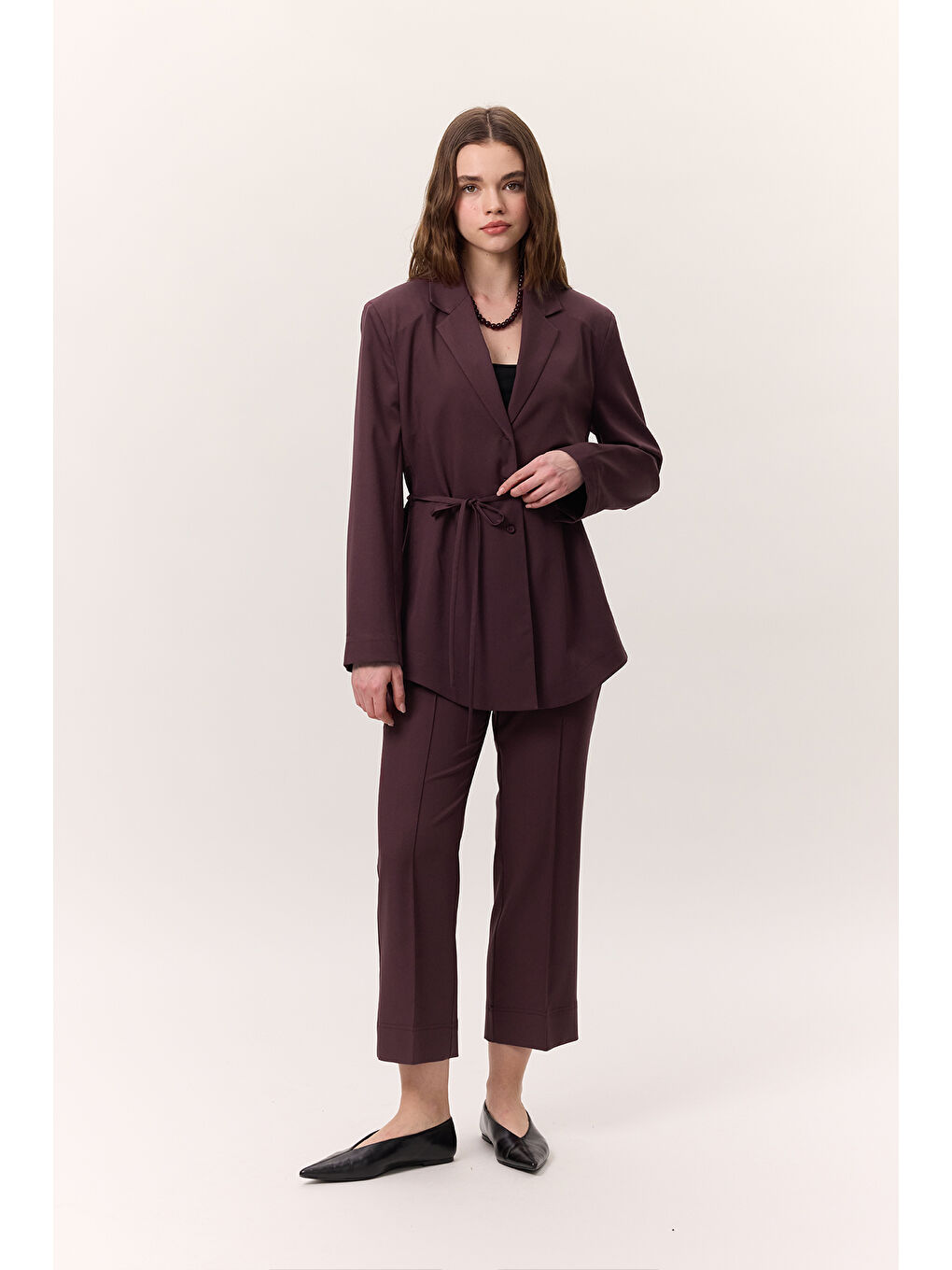 Kemerli Düğmeli Blazer Ceket Bordo-1