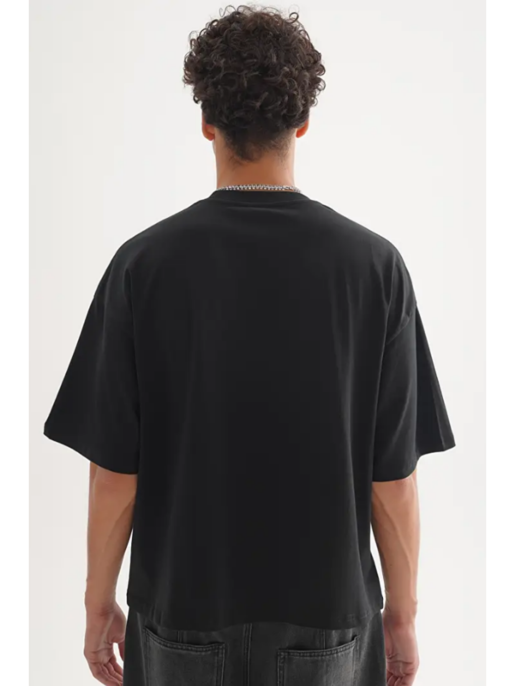 Siyah Erkek Oversize Bisiklet Yaka %100 Pamuk Tişört-5