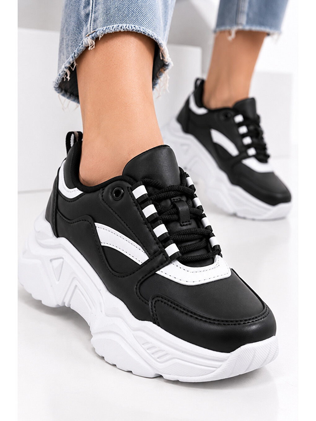 Siyah Kadın, Kalın Tabanlı, Bağcıklı, Hafif, Günlük Spor Ayakkabı, Sneaker-5