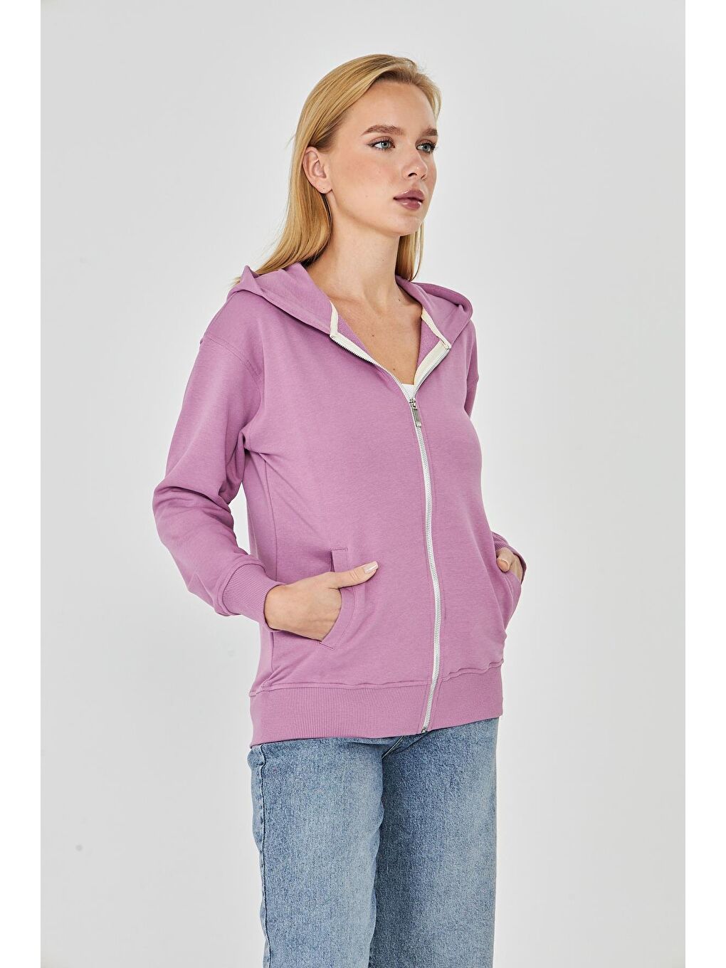 Kadın Tam Fermuarlı Kapüşonlu Pamuklu Eşofman Üstü Lila 9508-L-4