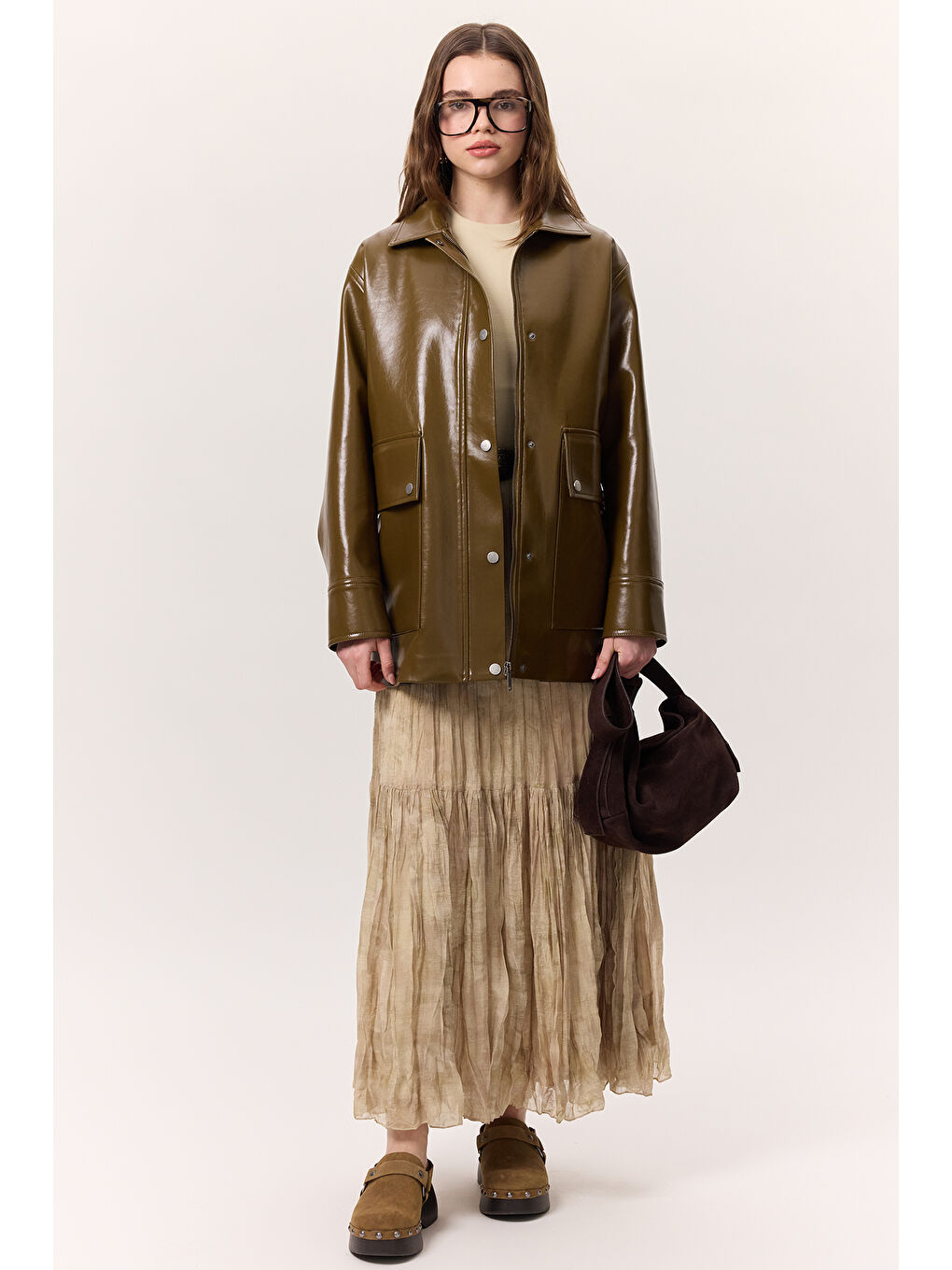 Halsey Dokulu Deri Ceket Yeşil