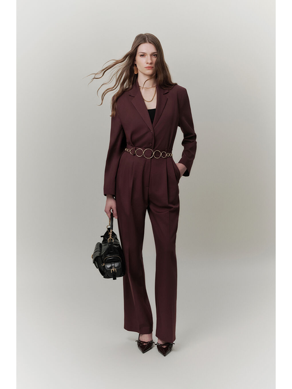 Kemerli Düğmeli Blazer Ceket Bordo-2