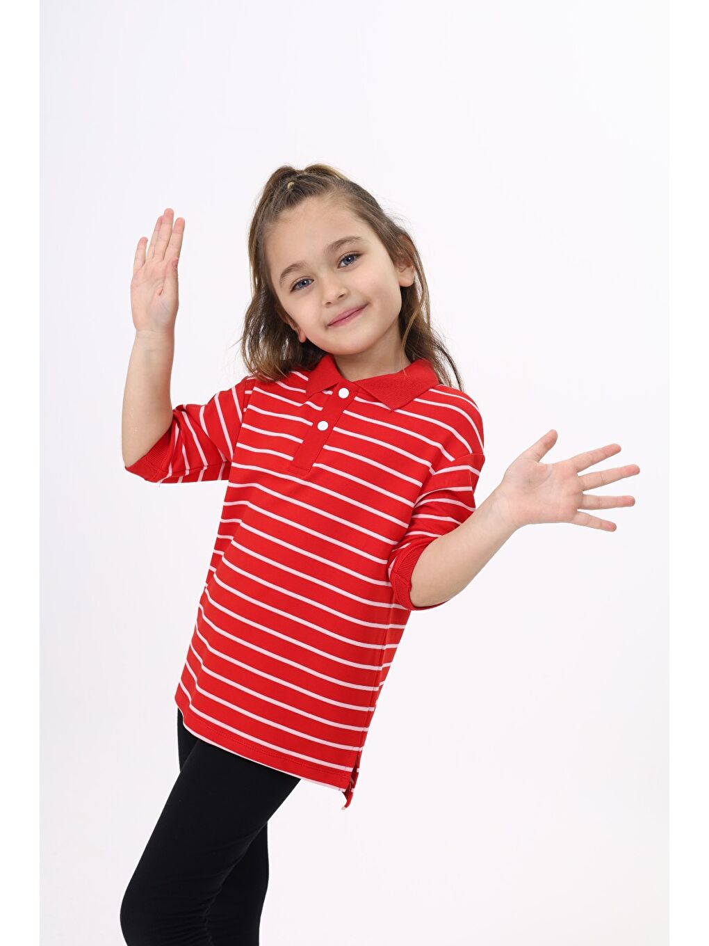 Kırmızı Unisex Çocuk Çizgili Tişört-2
