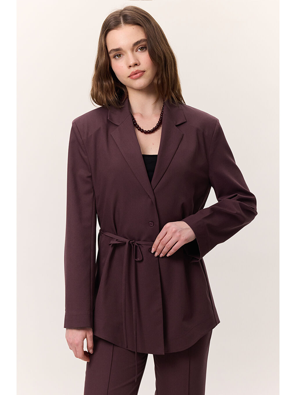 Kemerli Düğmeli Blazer Ceket Bordo-3
