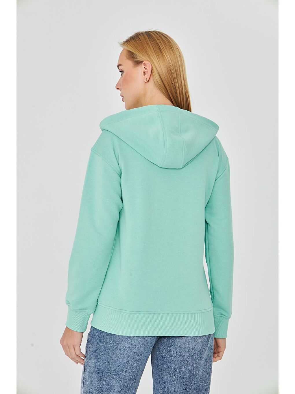 Yeşil Kadın Tam Fermuarlı Kapüşonlu Pamuklu Eşofman Üstü Mint 9508-M-5