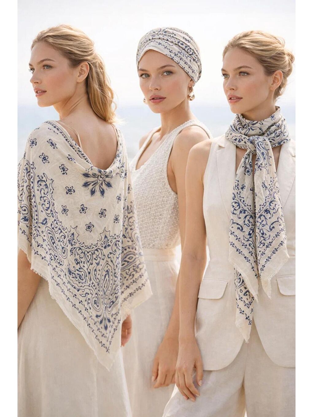 Mavi Kadın Petrol Etnik Desenli Bohem Üçgen Şal Bandana 110x110 cm SAL1400-4