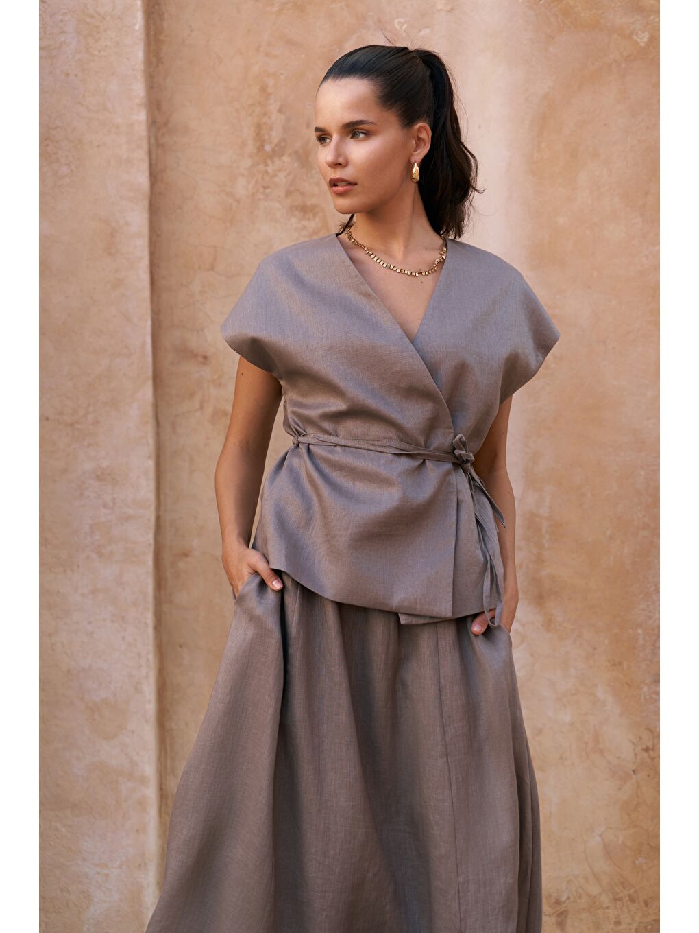 Gri Fiametta Salaş Füme Keten Yelek Etek Takım-2