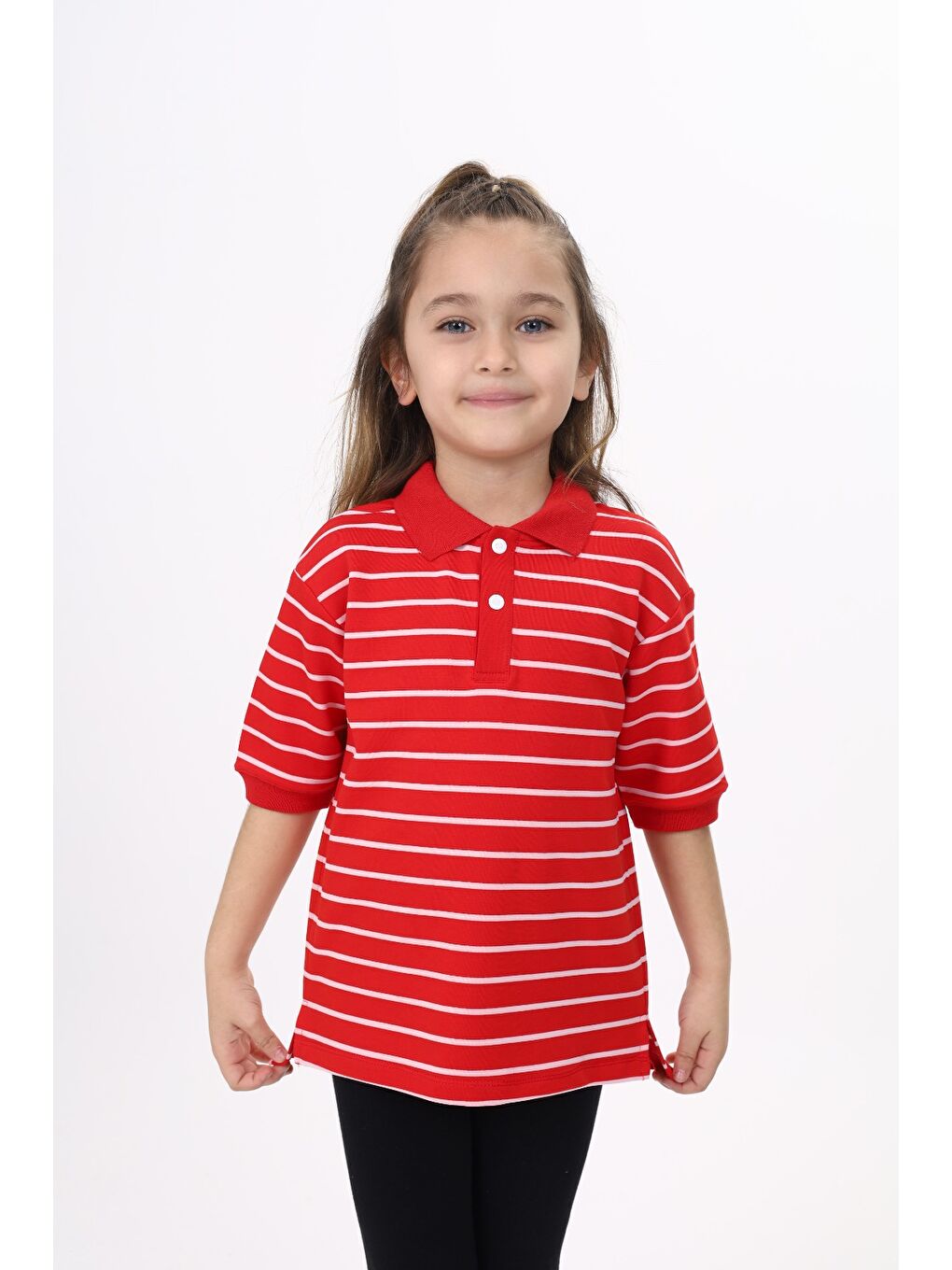 Kırmızı Unisex Çocuk Çizgili Tişört-6
