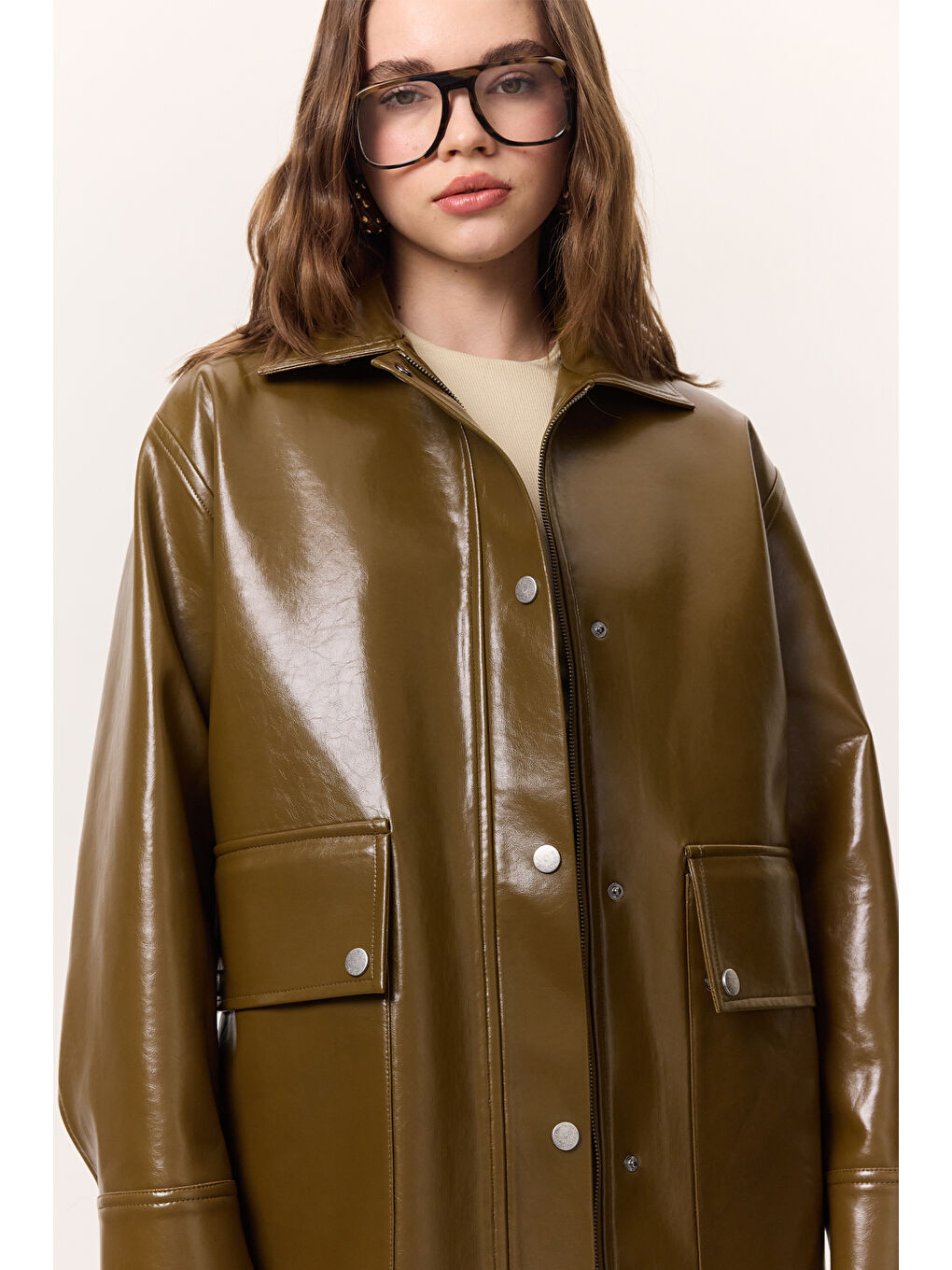 Halsey Dokulu Deri Ceket Yeşil-1