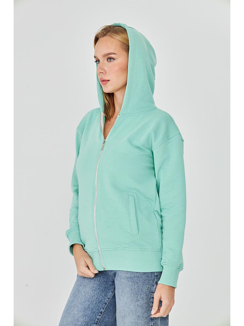Yeşil Kadın Tam Fermuarlı Kapüşonlu Pamuklu Eşofman Üstü Mint 9508-M-6