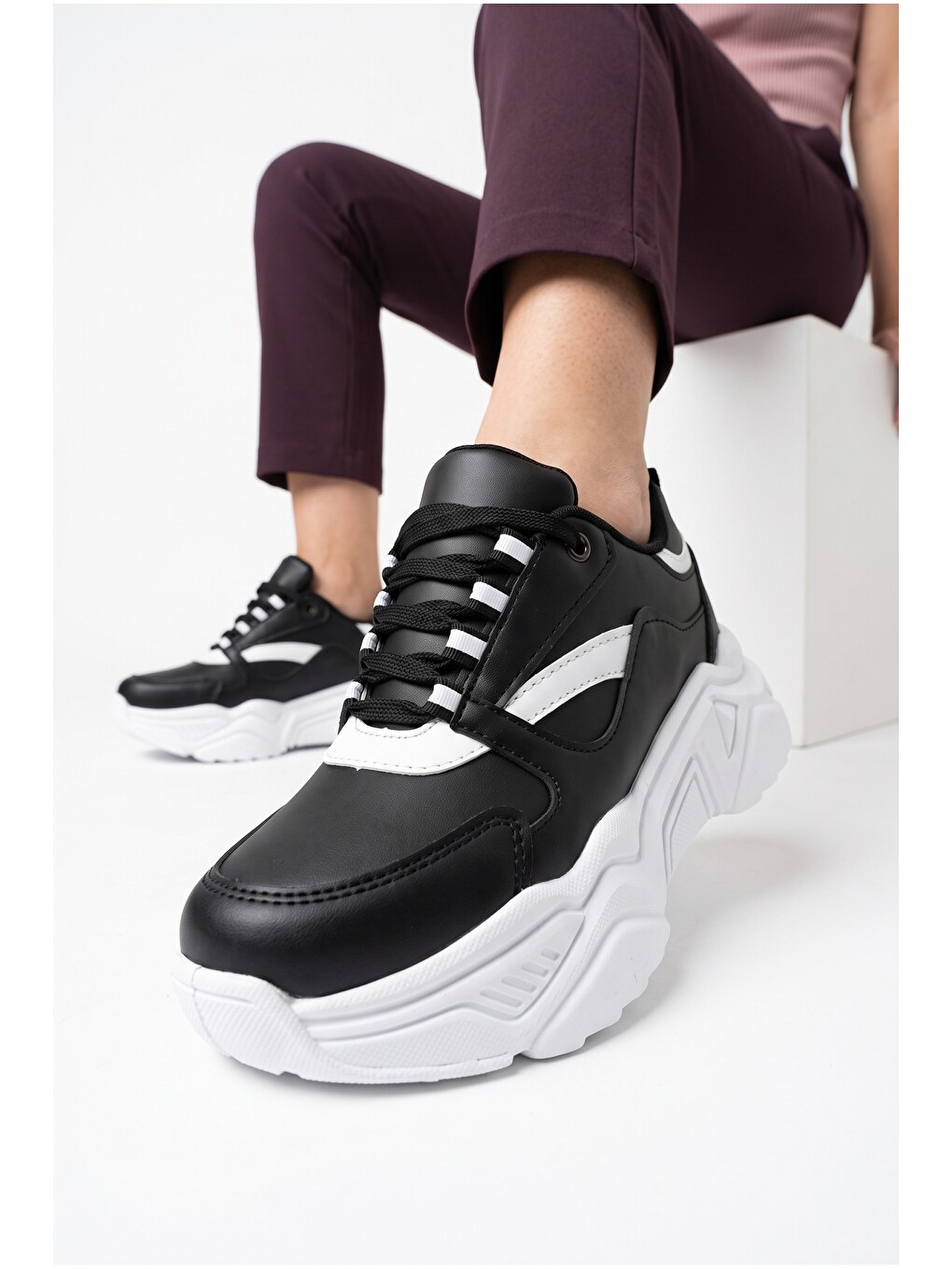 Siyah Kadın, Kalın Tabanlı, Bağcıklı, Hafif, Günlük Spor Ayakkabı, Sneaker-7