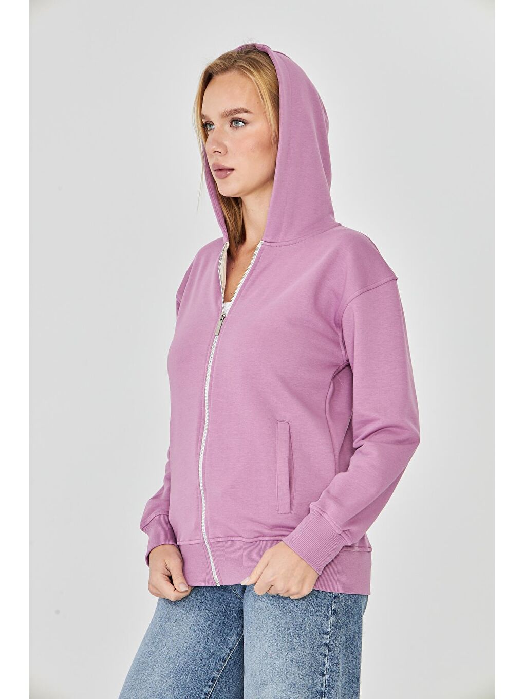 Kadın Tam Fermuarlı Kapüşonlu Pamuklu Eşofman Üstü Lila 9508-L-6