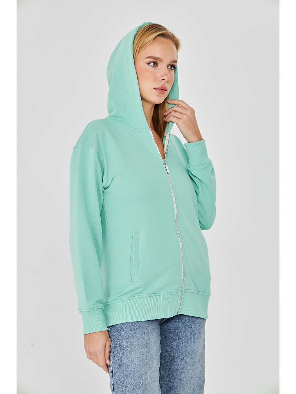 Yeşil Kadın Tam Fermuarlı Kapüşonlu Pamuklu Eşofman Üstü Mint 9508-M-7