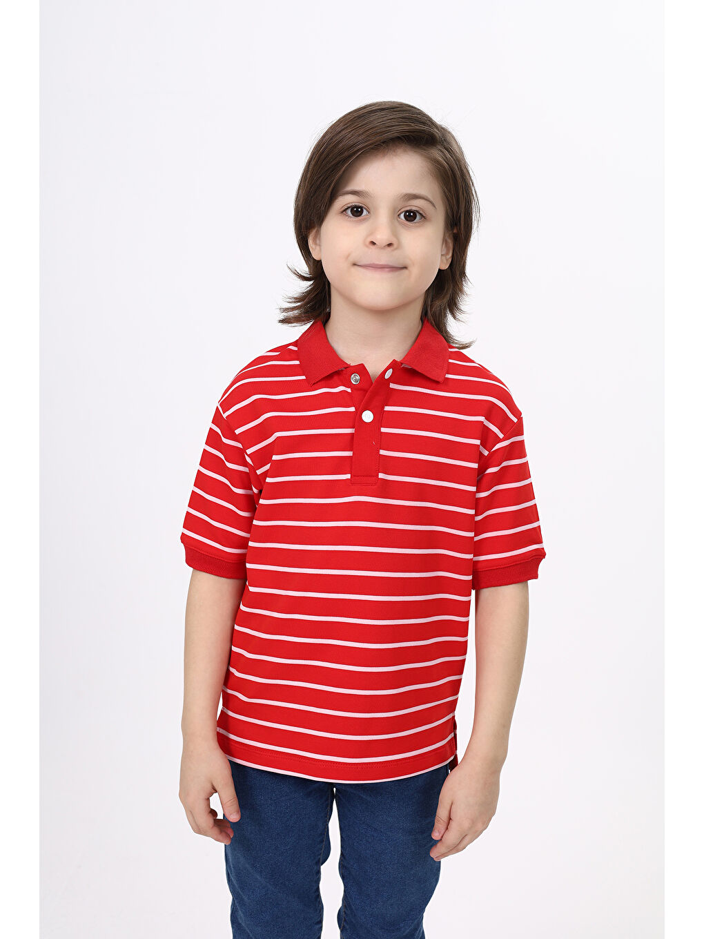 Kırmızı Unisex Çocuk Çizgili Tişört-8