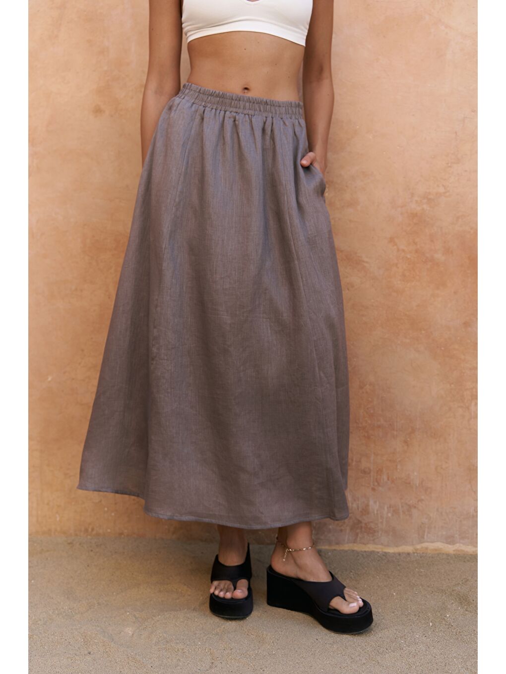 Gri Fiametta Salaş Füme Keten Yelek Etek Takım-4