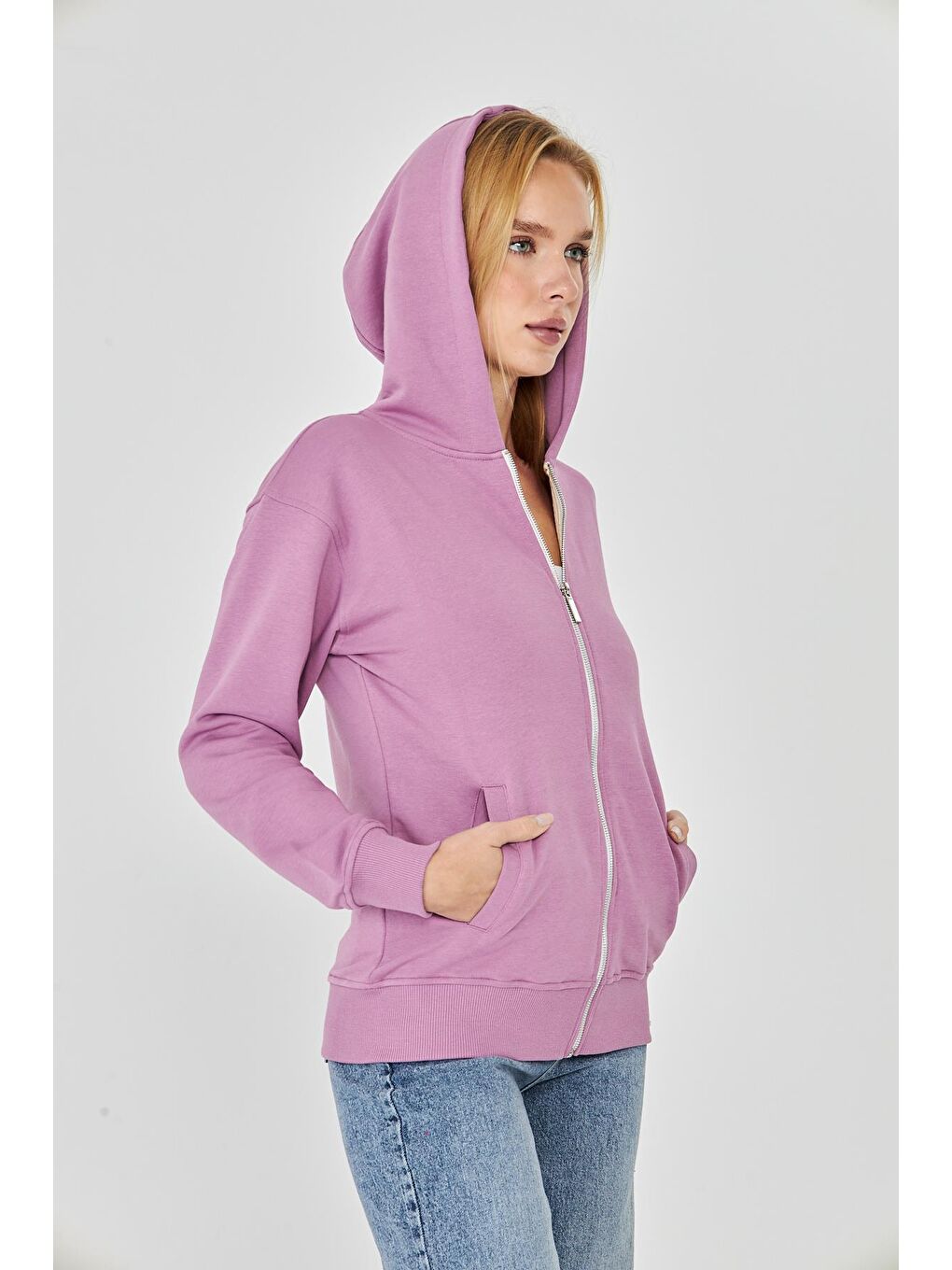 Kadın Tam Fermuarlı Kapüşonlu Pamuklu Eşofman Üstü Lila 9508-L-7