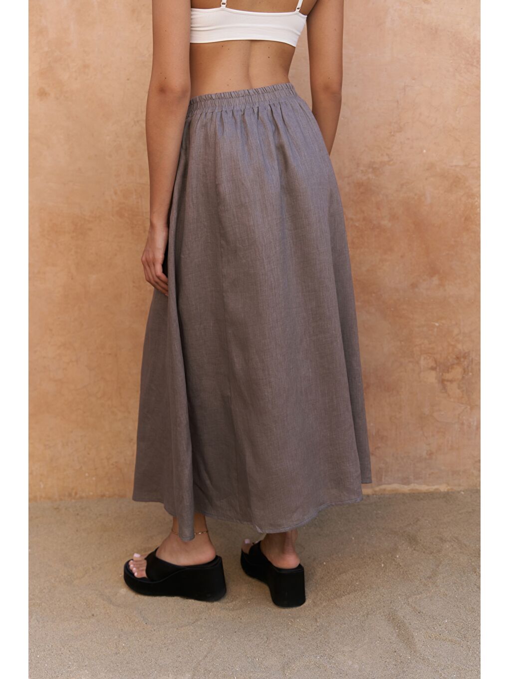 Gri Fiametta Salaş Füme Keten Yelek Etek Takım-5