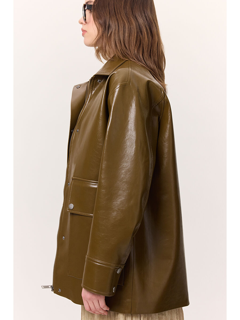 Halsey Dokulu Deri Ceket Yeşil-3