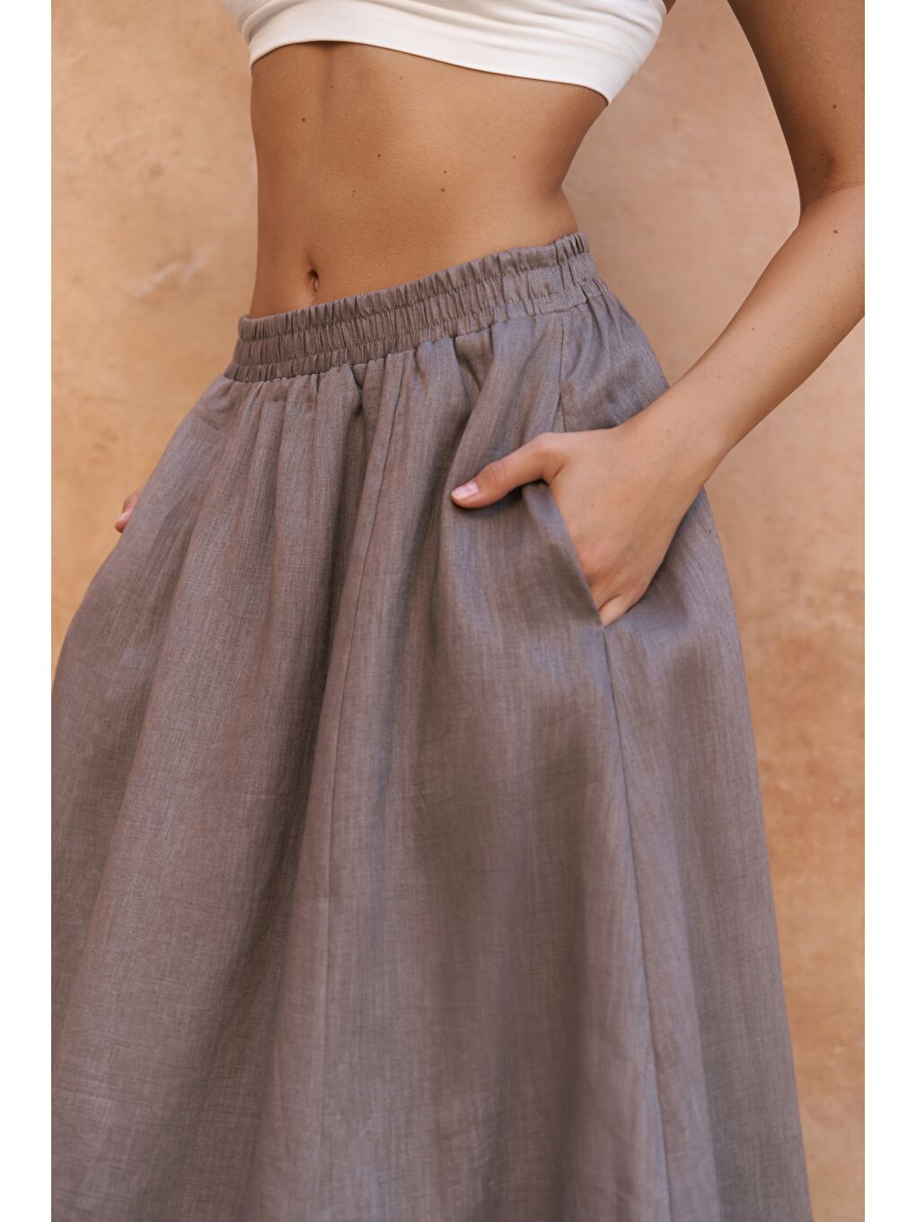 Gri Fiametta Salaş Füme Keten Yelek Etek Takım-6