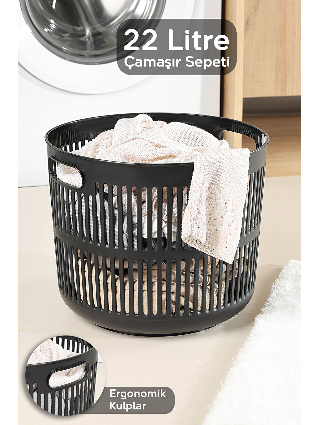 Siyah Solara Yuvarlak Çamaşır Sepeti 22 l