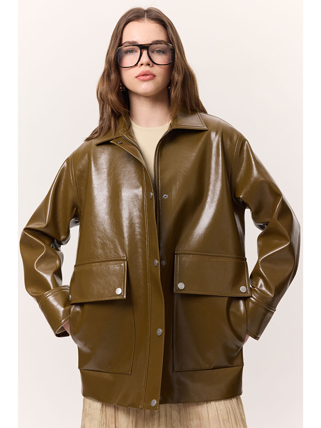 Halsey Dokulu Deri Ceket Yeşil-4