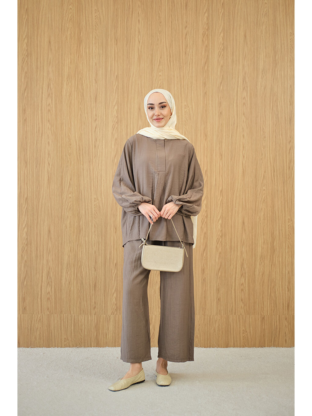 Bej Kadın Gizli Fermuar Detaylı Takım Vizon-1