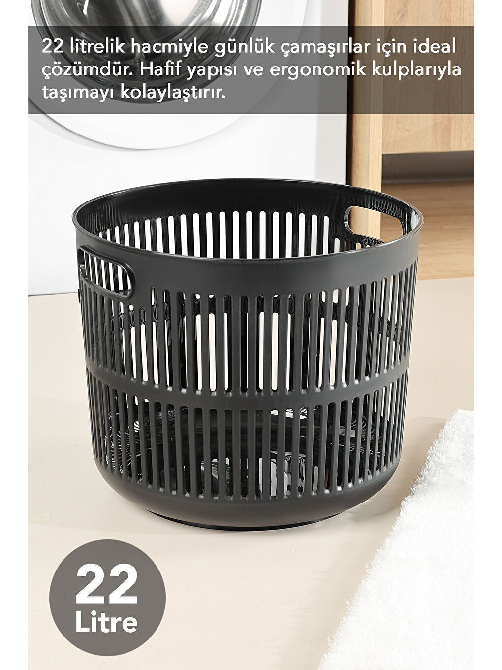 Siyah Solara Yuvarlak Çamaşır Sepeti 22 l-1