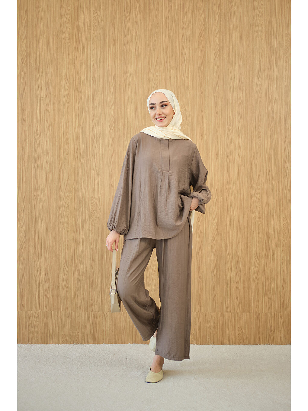Bej Kadın Gizli Fermuar Detaylı Takım Vizon-3