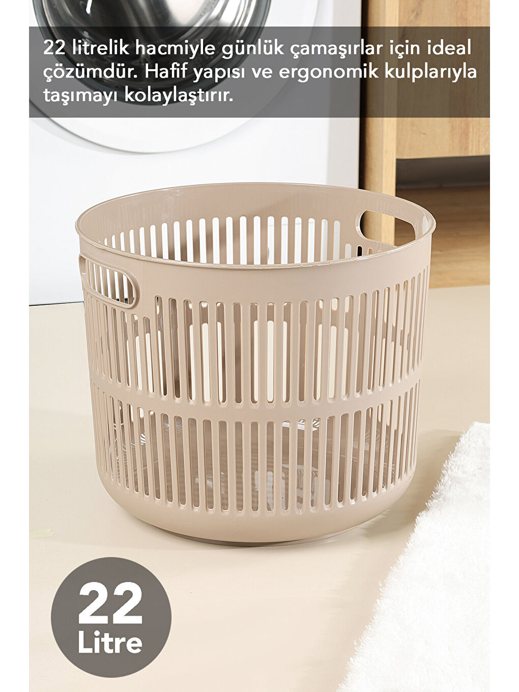 Bej Solara Yuvarlak Çamaşır Sepeti 22 l-1