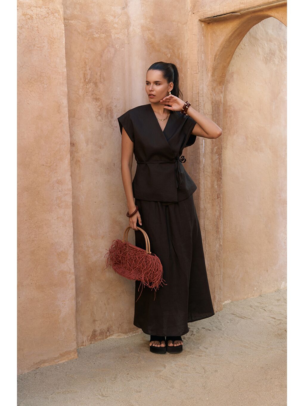 Kahverengi Fiametta Salaş Acı Kahve Keten Yelek Etek Takım-1