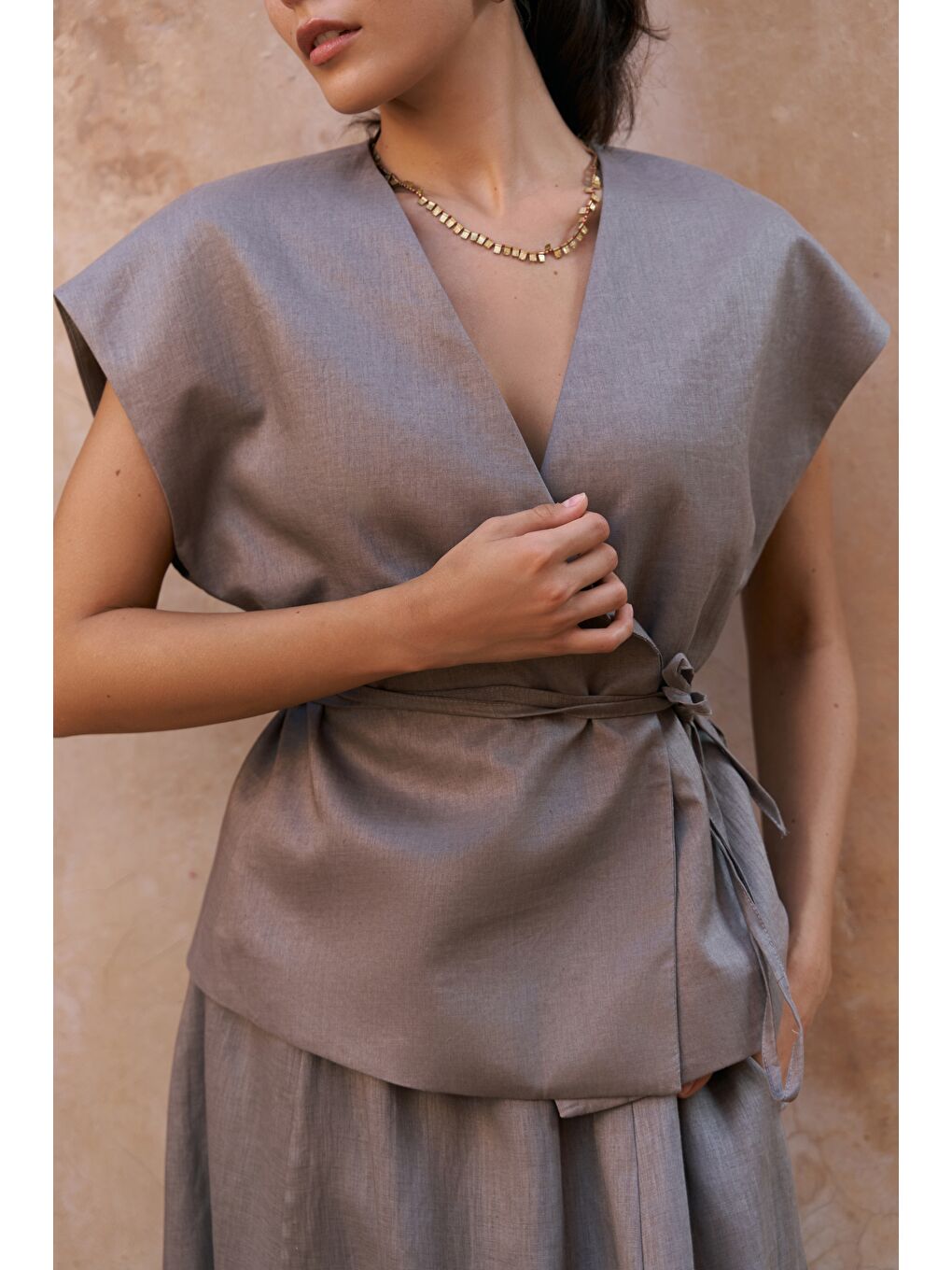 Gri Fiametta Salaş Füme Keten Yelek Etek Takım-7