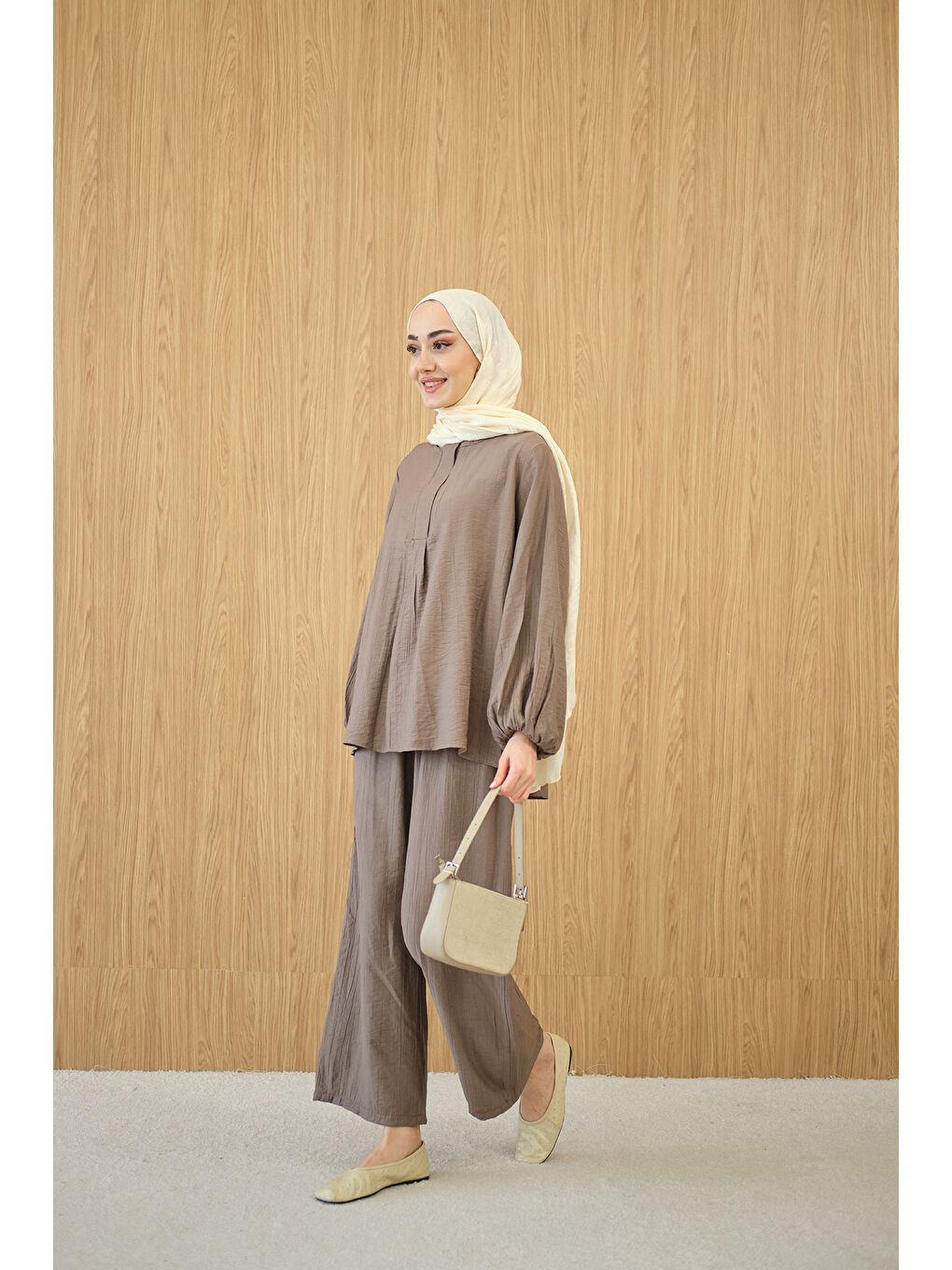 Bej Kadın Gizli Fermuar Detaylı Takım Vizon-4