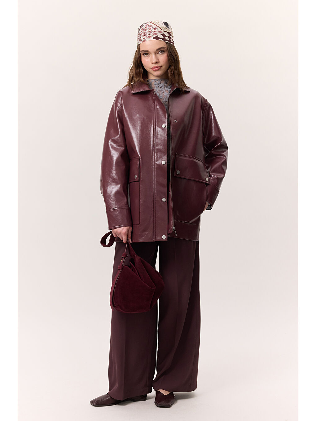 Halsey Dokulu Deri Ceket Bordo-1