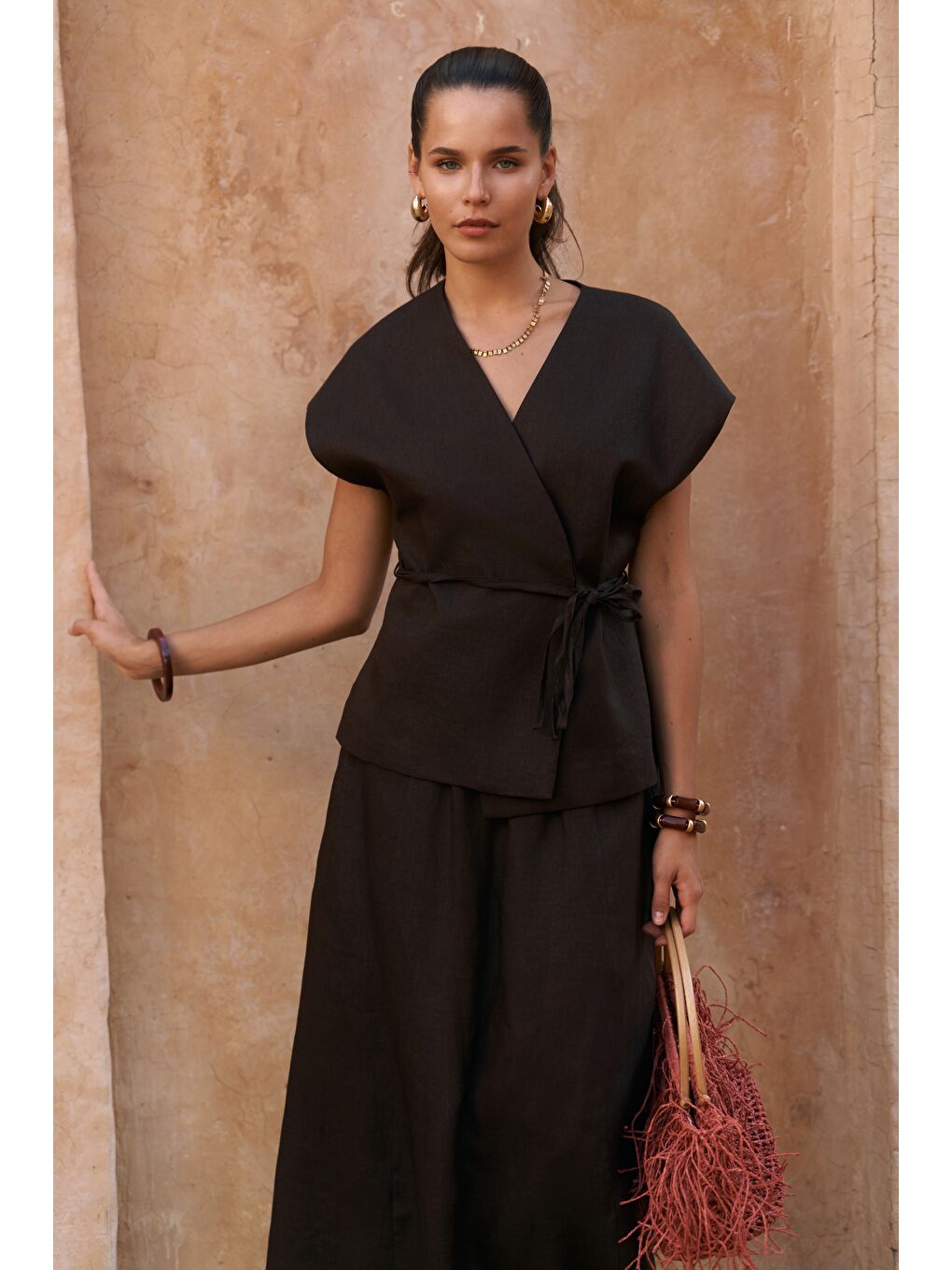 Kahverengi Fiametta Salaş Acı Kahve Keten Yelek Etek Takım-2