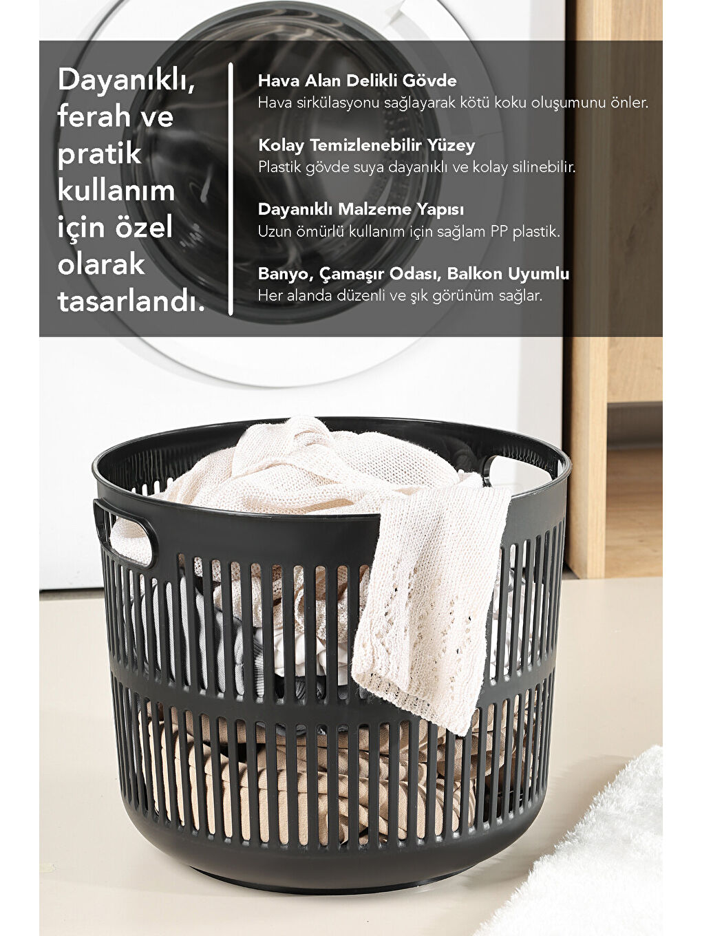 Siyah Solara Yuvarlak Çamaşır Sepeti 22 l-4