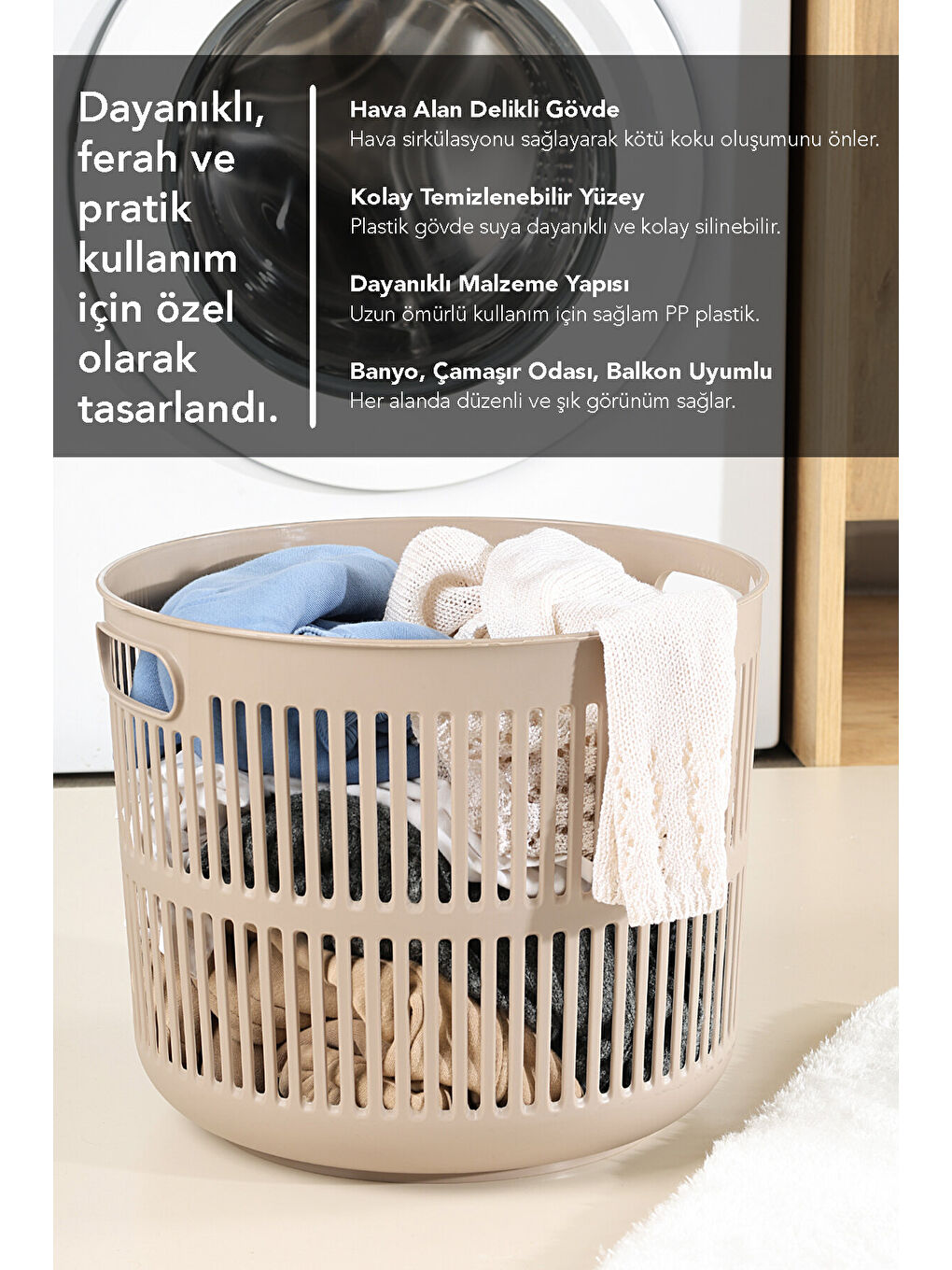 Bej Solara Yuvarlak Çamaşır Sepeti 22 l-4