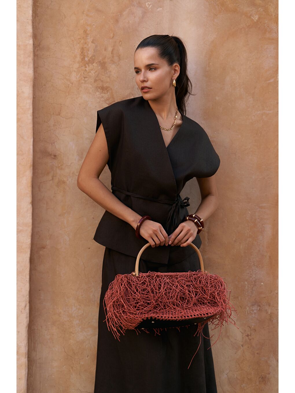 Kahverengi Fiametta Salaş Acı Kahve Keten Yelek Etek Takım-3