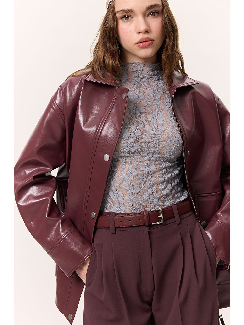 Halsey Dokulu Deri Ceket Bordo-3