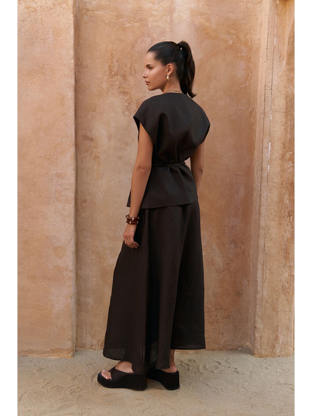 Kahverengi Fiametta Salaş Acı Kahve Keten Yelek Etek Takım-4