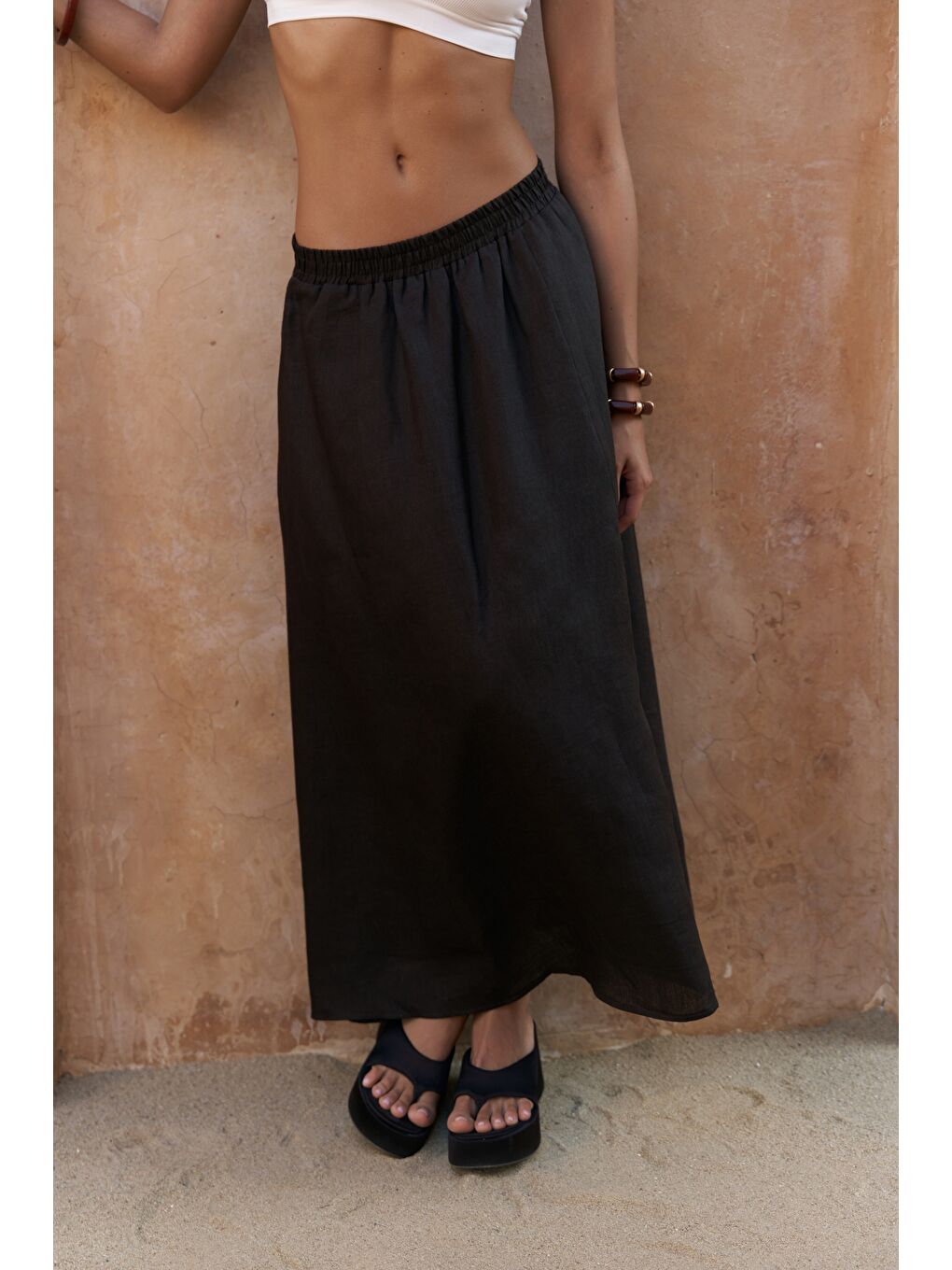 Kahverengi Fiametta Salaş Acı Kahve Keten Yelek Etek Takım-5