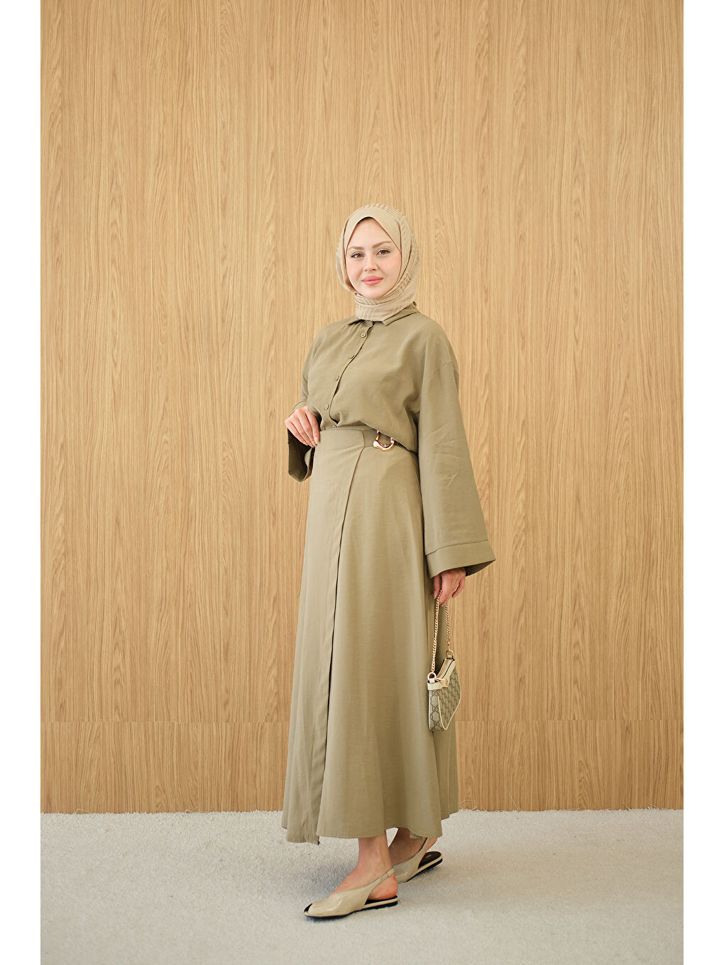 Kadın Gold Kemer Detay Gömlekli Takım Küf Yeşil-2