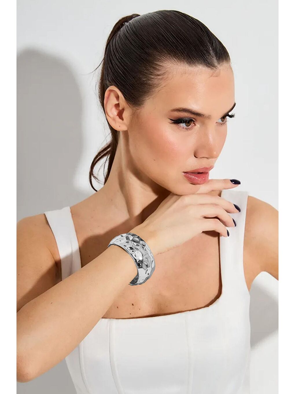 Gri Dövme Dokulu Parlak Gümüş Cuff Bileklik-7