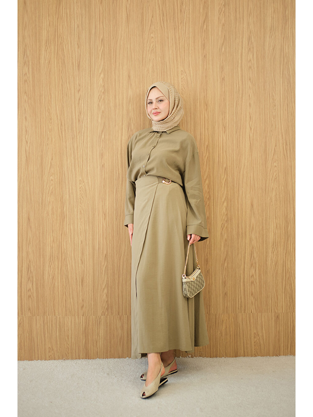 Kadın Gold Kemer Detay Gömlekli Takım Küf Yeşil-3