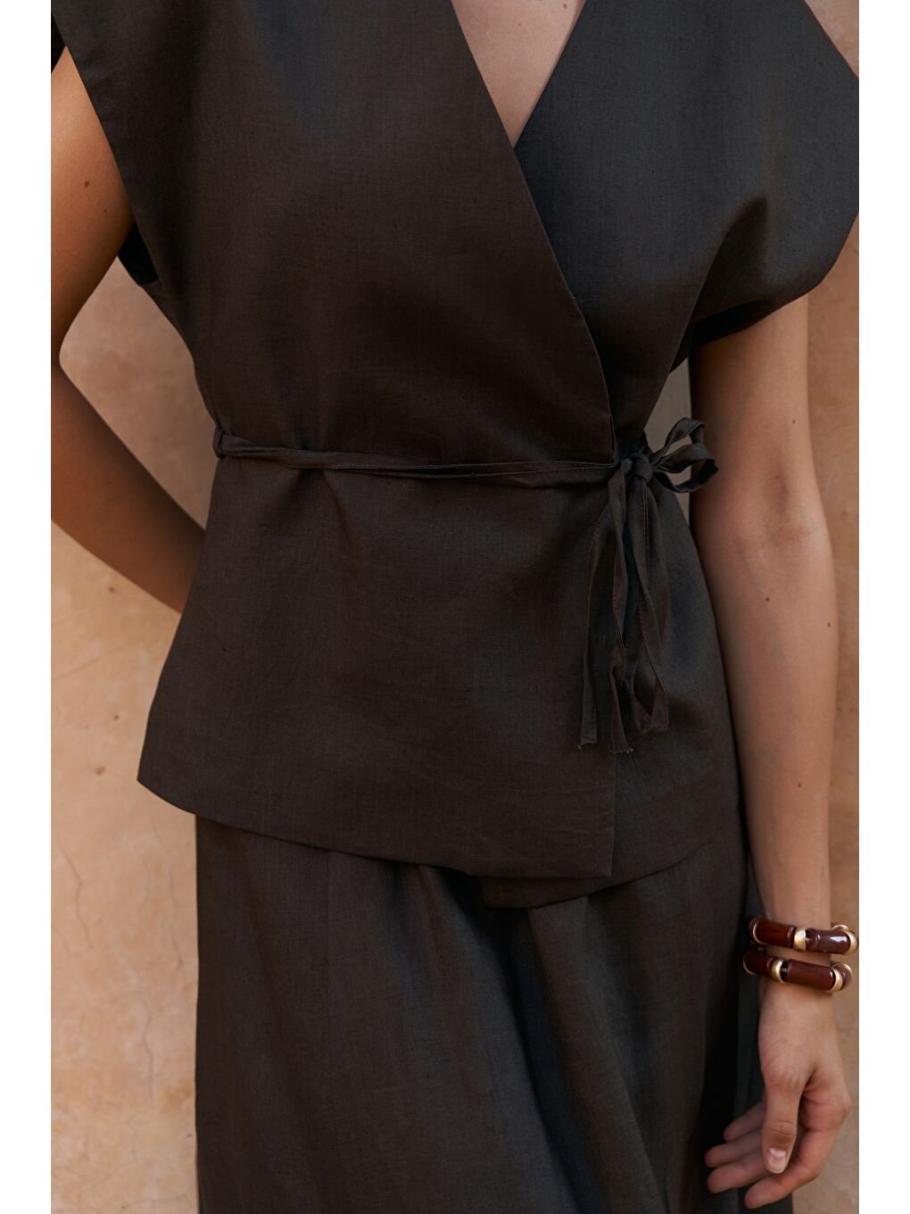 Kahverengi Fiametta Salaş Acı Kahve Keten Yelek Etek Takım-6